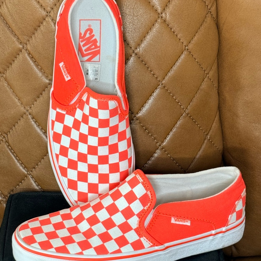 Vans Bold Orange and White Checkered Slip-Ons